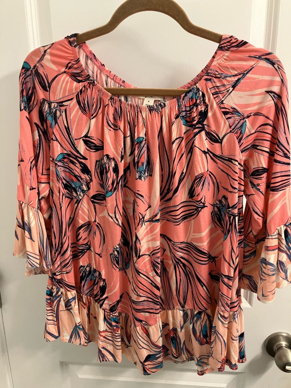 Style & Co. Coral Floral Ruffle Peasant Top